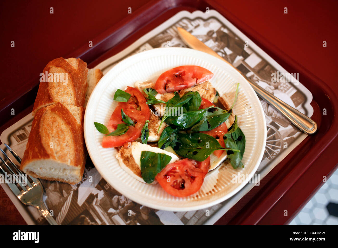 Fromage Mozzarella, de tranches de tomate et basilic disposées sur une plaque Banque D'Images