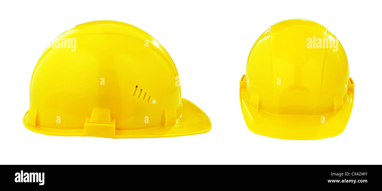 Deux vues différentes de casque de sécurité jaune isolé avec chemin de détourage inclus Banque D'Images