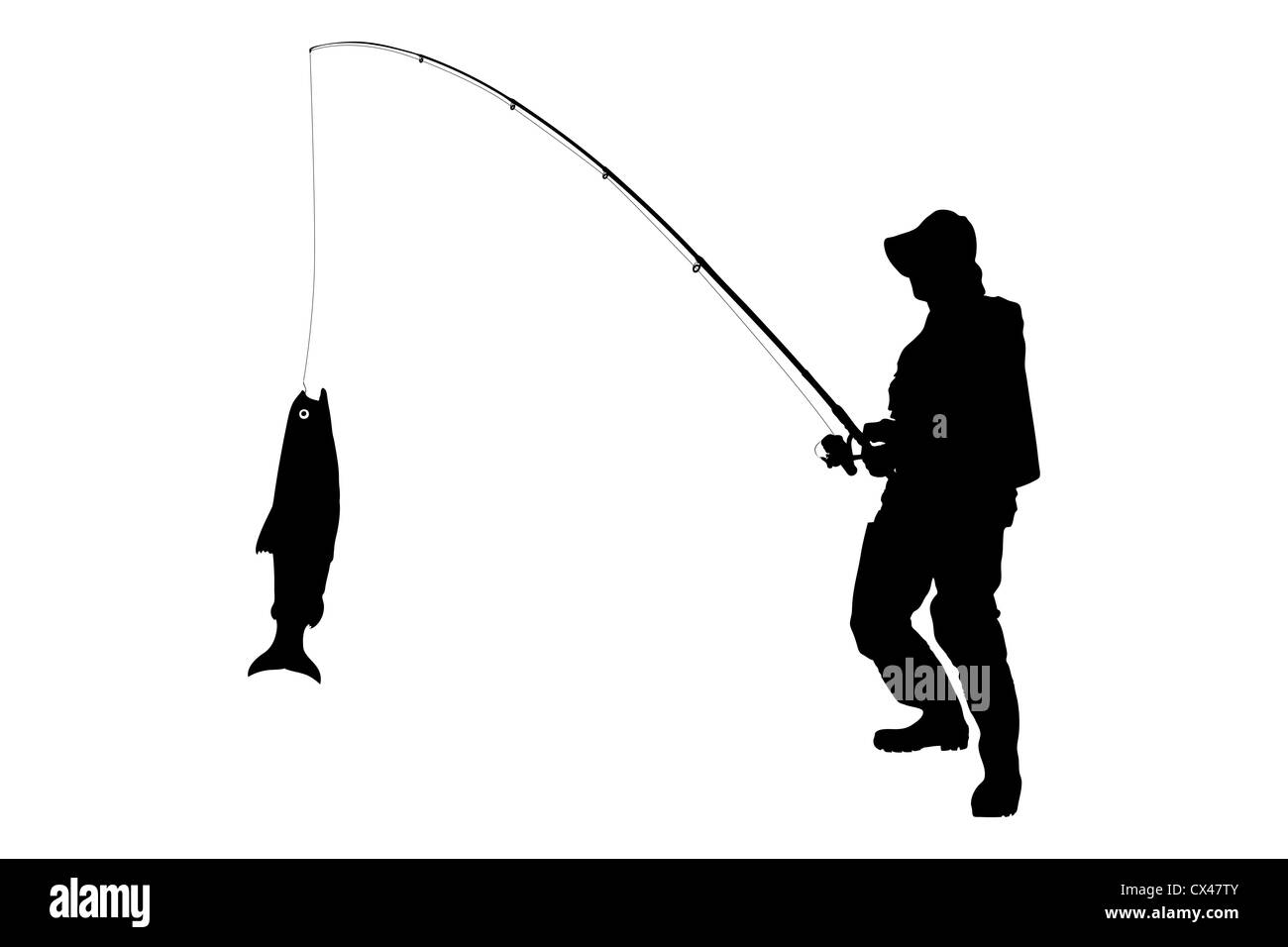 La silhouette d'un pêcheur avec un poisson isolé sur fond blanc Banque D'Images La silhouette d'un pêcheur avec un poisson isolé sur fond blanc Banque D'Images