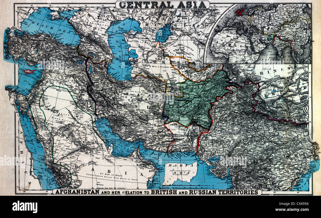 Asie centrale : l'Afghanistan et son rapport aux territoires britanniques et russes. Comprend l'encart de l'Europe, d'Asie et d'Afrique. 1885 Banque D'Images