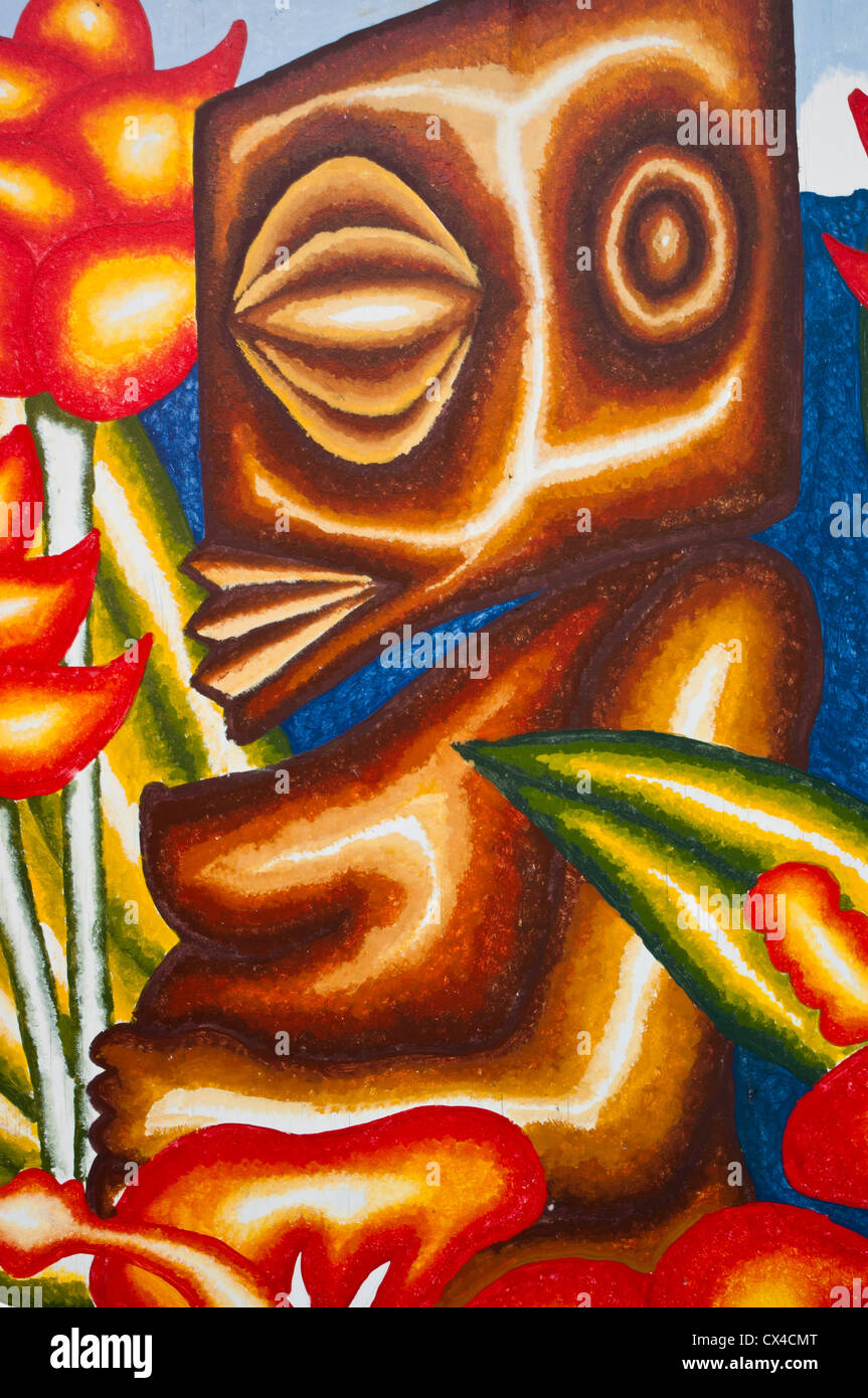 Une fresque murale d'un Tangoroa, dieu de la mer et de la fertilité, à l'Punanga nui aux marchés. Rarotonga, îles Cook. Banque D'Images
