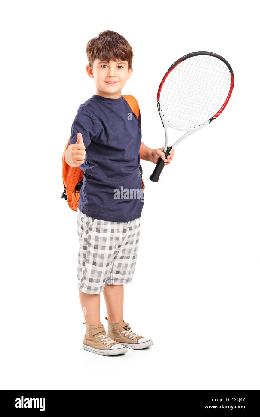 Portrait d'un enfant tenant une raquette de tennis et giving thumb up isolé  sur fond blanc Photo Stock - Alamy