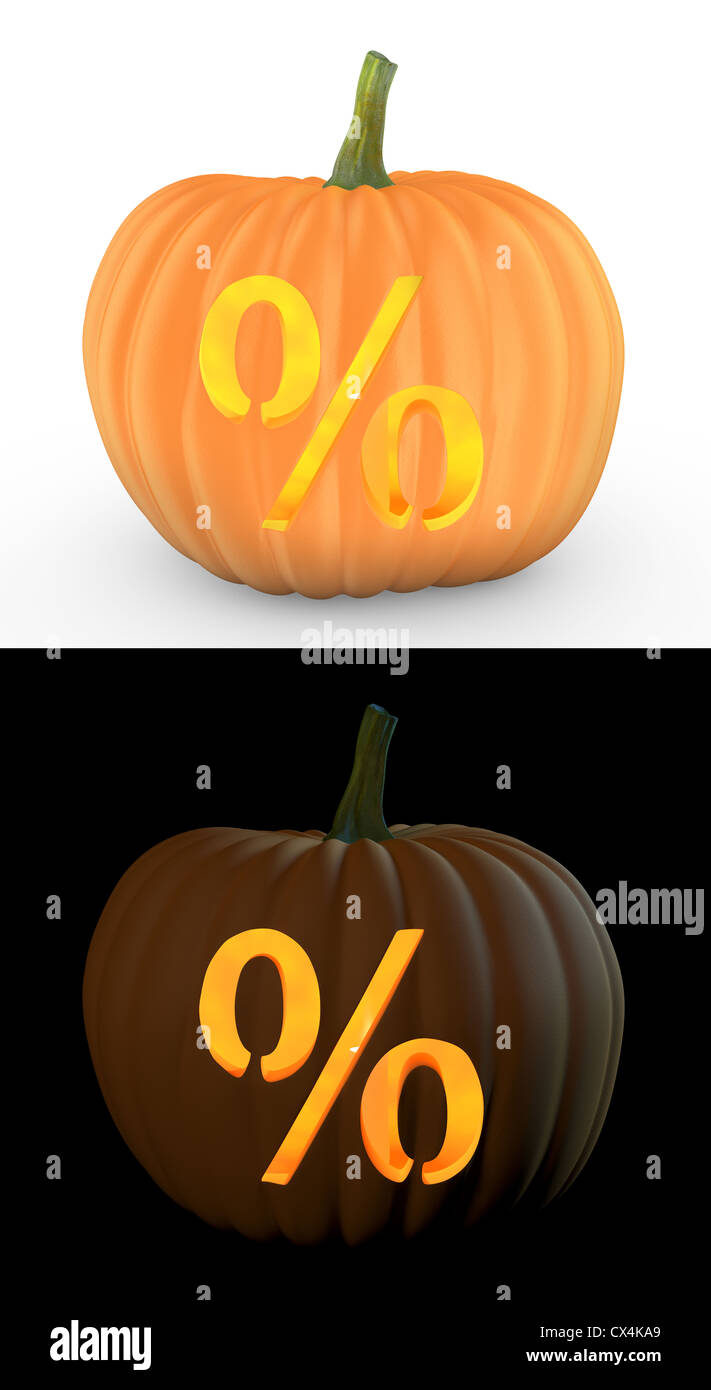 Symbole pourcentage sculptés sur pumpkin jack lantern et isolé sur fond blanc Banque D'Images