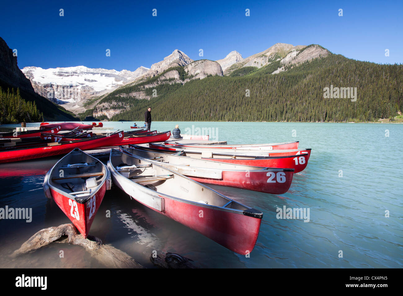 Canoës canadiens sur le lac Louise, dans les Rocheuses canadiennes. Banque D'Images