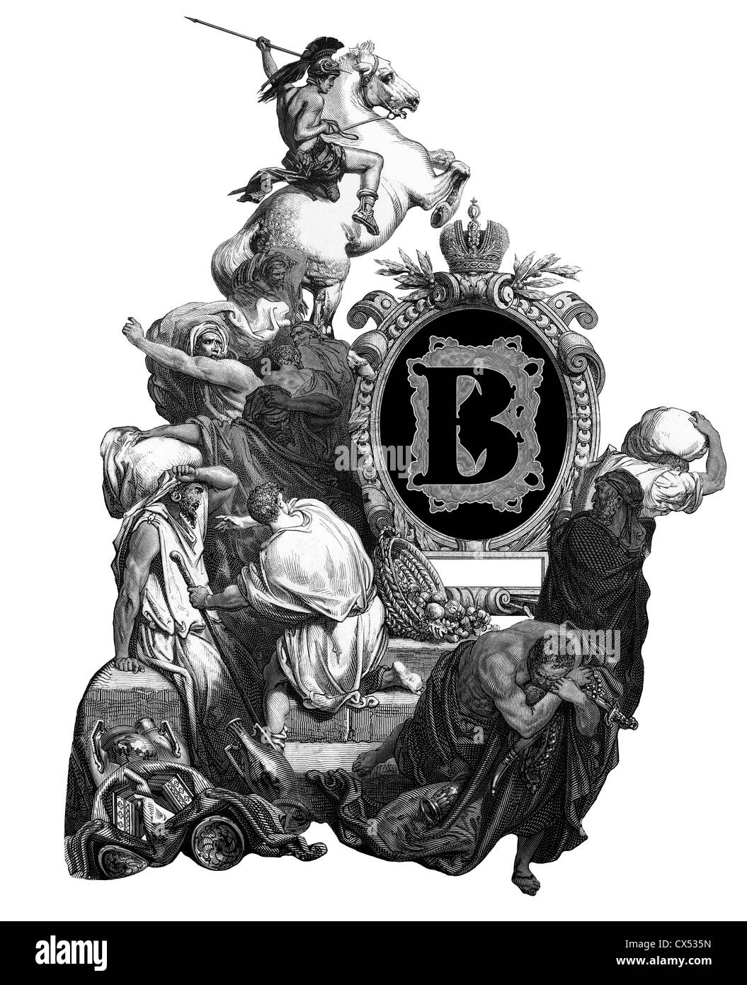 Luxueux hôtel Victorian initials lettre B, après une gravure de Gustave Dore, 'Jésus, bannissant les commerçants du temple'. Banque D'Images