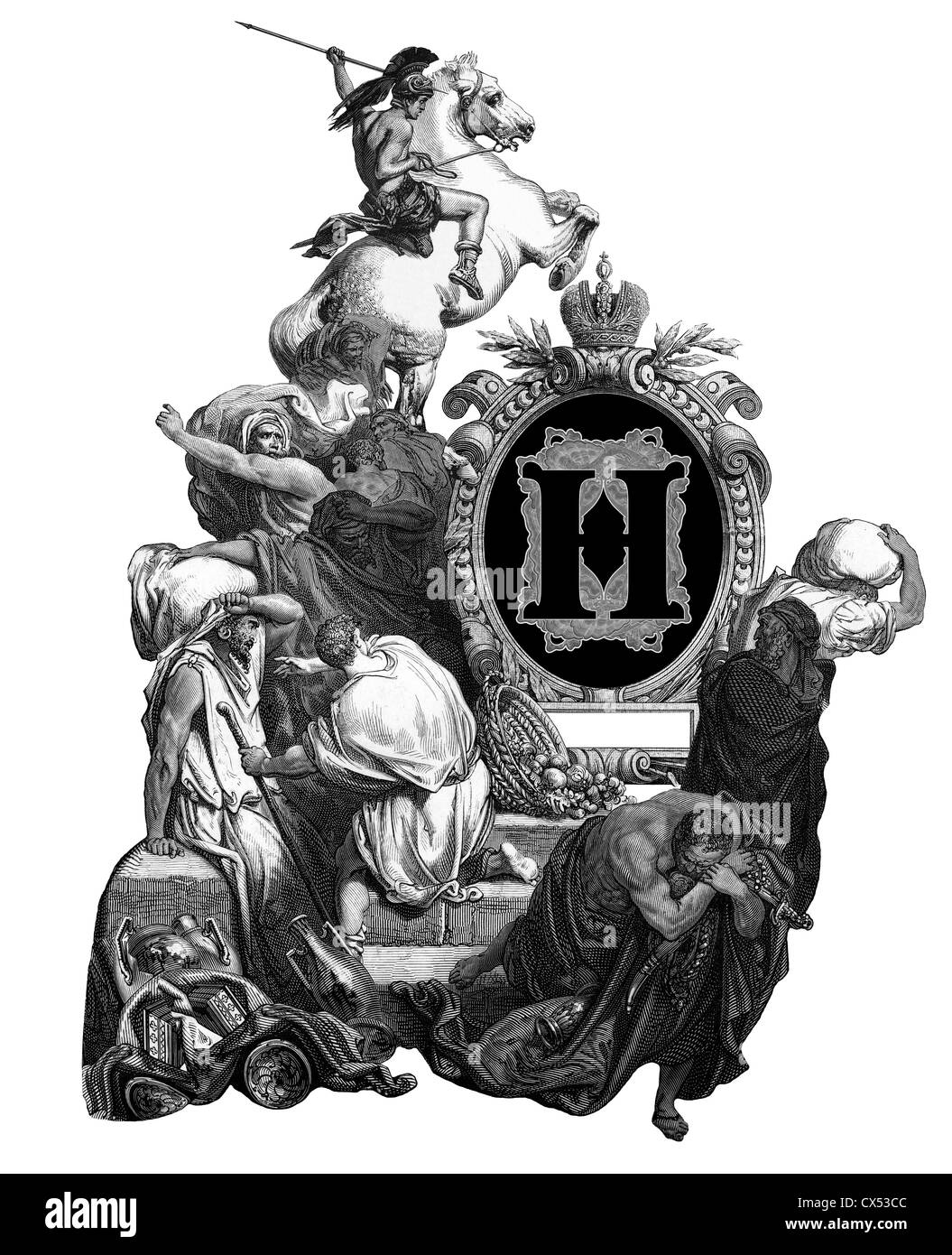 Luxueux hôtel Victorian initials lettre H, après une gravure de Gustave Dore, 'Jésus, bannissant les commerçants du temple'. Banque D'Images