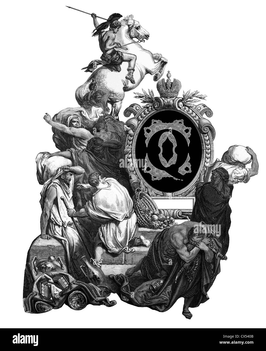 Luxueux hôtel Victorian initials lettre Q, après une gravure de Gustave Dore, 'Jésus, bannissant les commerçants du temple'. Banque D'Images