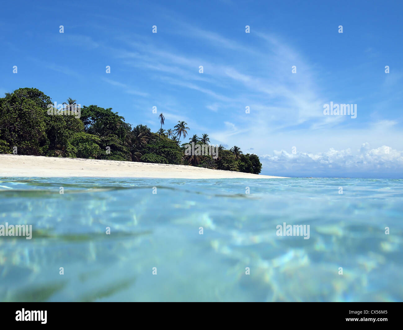 Une île tropicale, plage de sable fin dans les Caraïbes, vu de surface de la mer, Panama, Amérique Centrale Banque D'Images