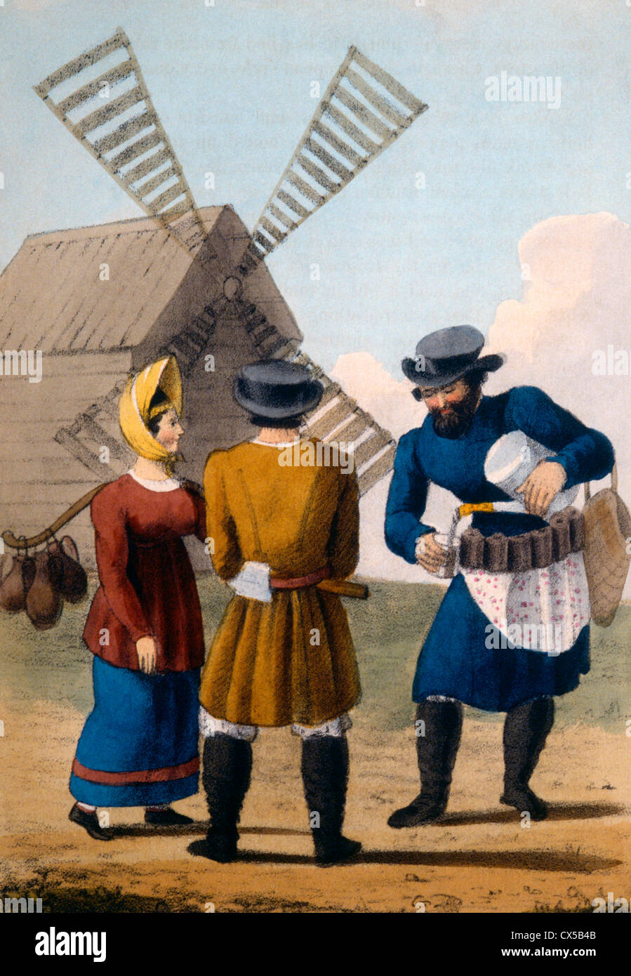 Un Izbitenchik Carpenter et une laitière, Hand-Colored gravure de Robert Pinkerton's Russie, vers 1833 Banque D'Images