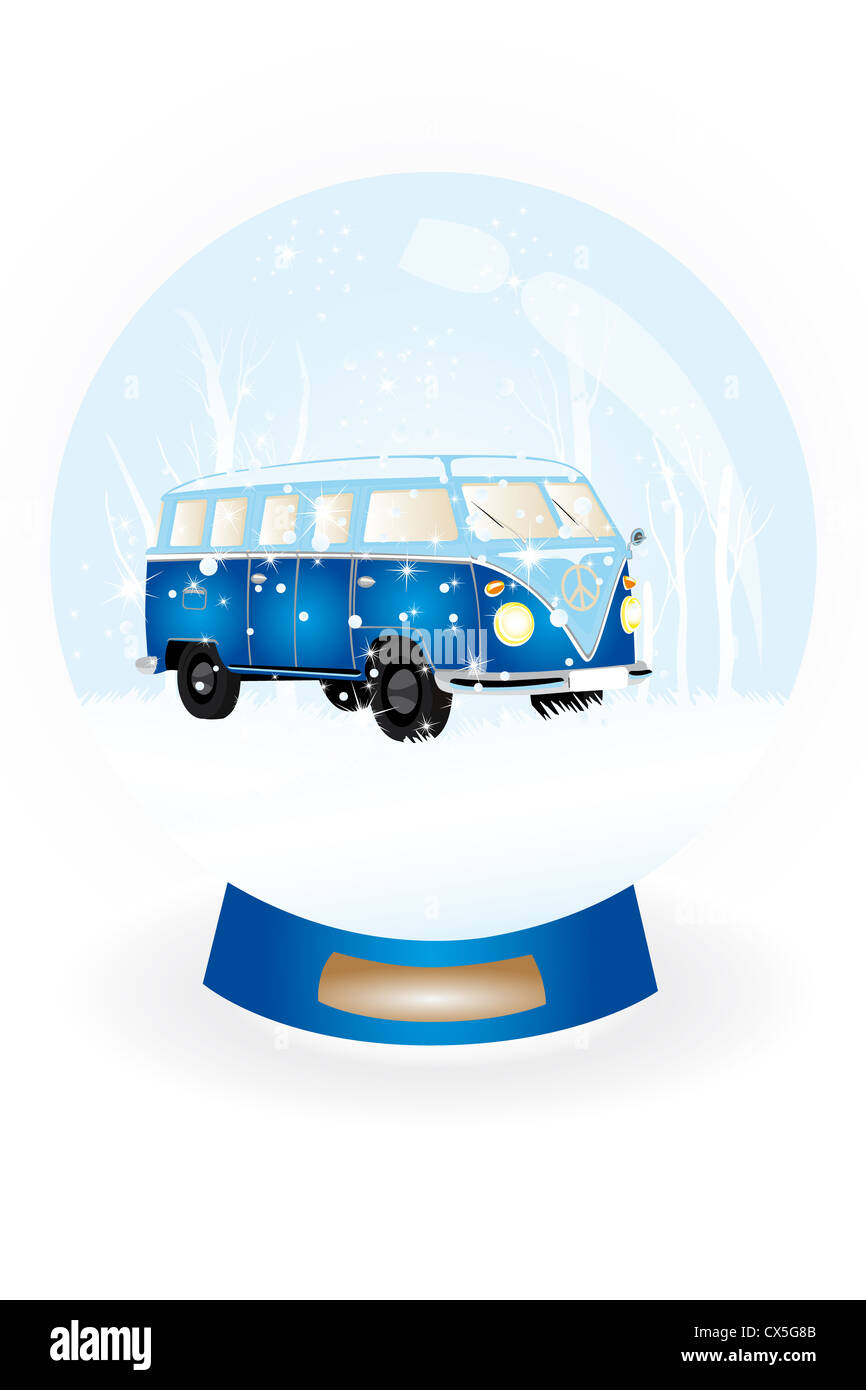 Snow globe avec illustré bulli retro van dans paysage de neige Banque D'Images