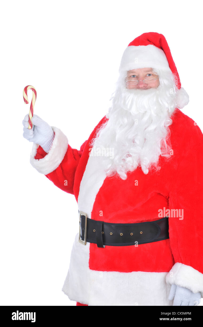Santa Claus holding an Old Fashioned Candy Cane isolated on white Banque D'Images
