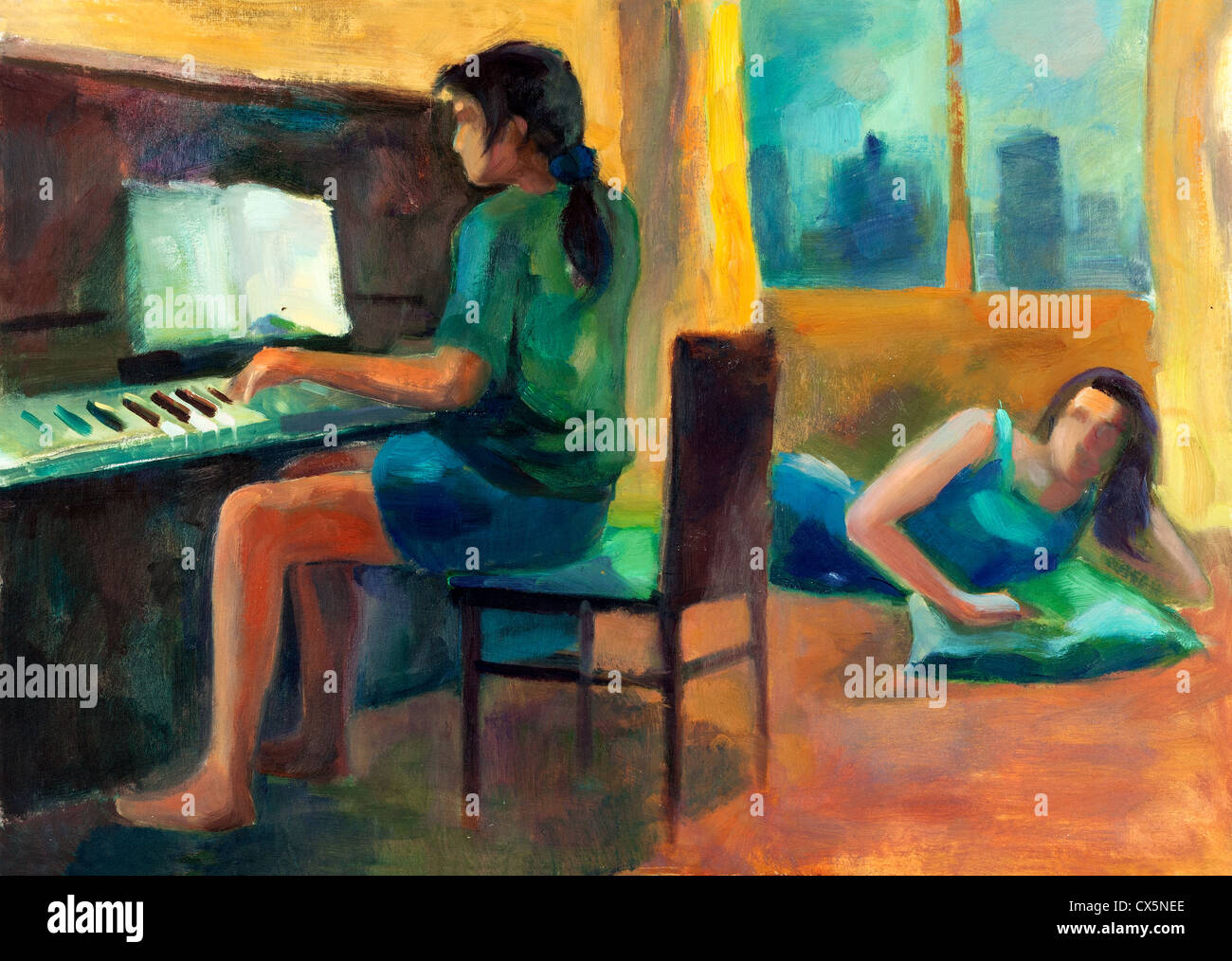 Peinture à l'huile originale sur toile montrant deux femmes.L'un jouer du piano et d'autres l'impressionnisme moderne.L'écoute Banque D'Images