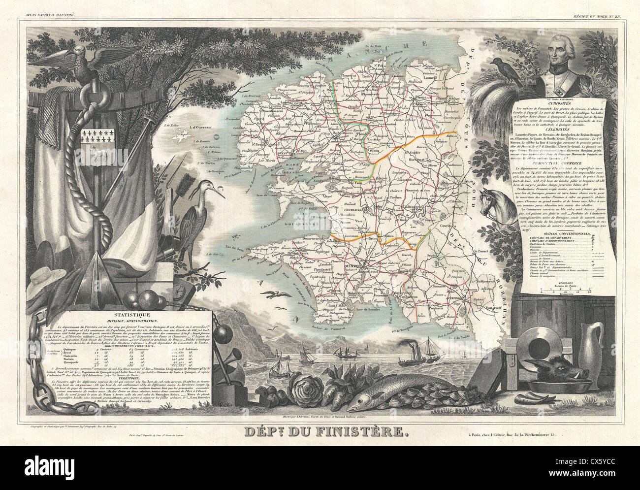 1852 Carte Levasseur du département du Finistère, France Banque D'Images