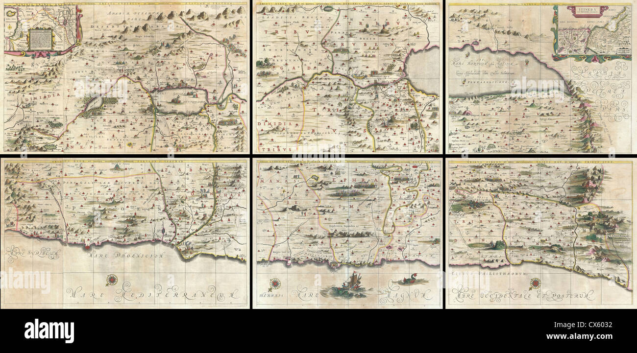 La carte de 1662 de Jansson et Hornius représente la Terre Sainte, couvrant Israël et la Palestine modernes. Cette carte antique est un artefact historique précieux qui illustre les frontières géographiques et politiques de la région au XVIIe siècle. Banque D'Images