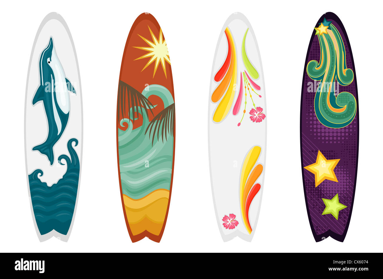 Ensemble de quatre planches - dolphin, rétro, hibiscus et thèmes de l'océan. Plus isolé sur fond blanc. Banque D'Images