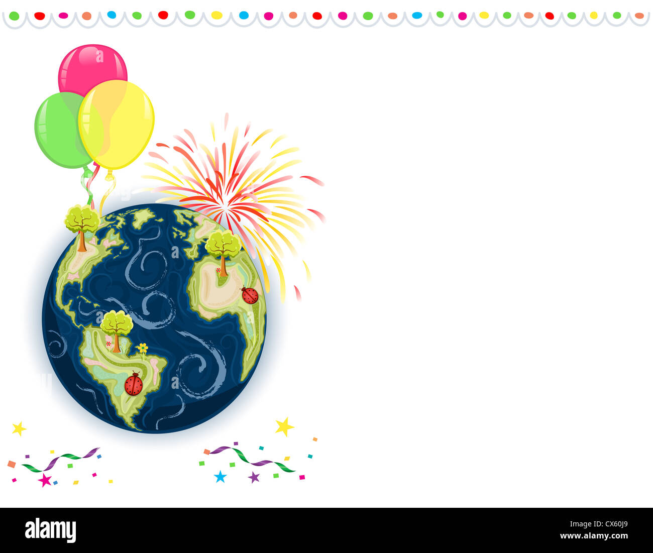 Célébration de la Journée de la terre - carte de souhaits avec des ballons, d'artifice et confettis. Banque D'Images
