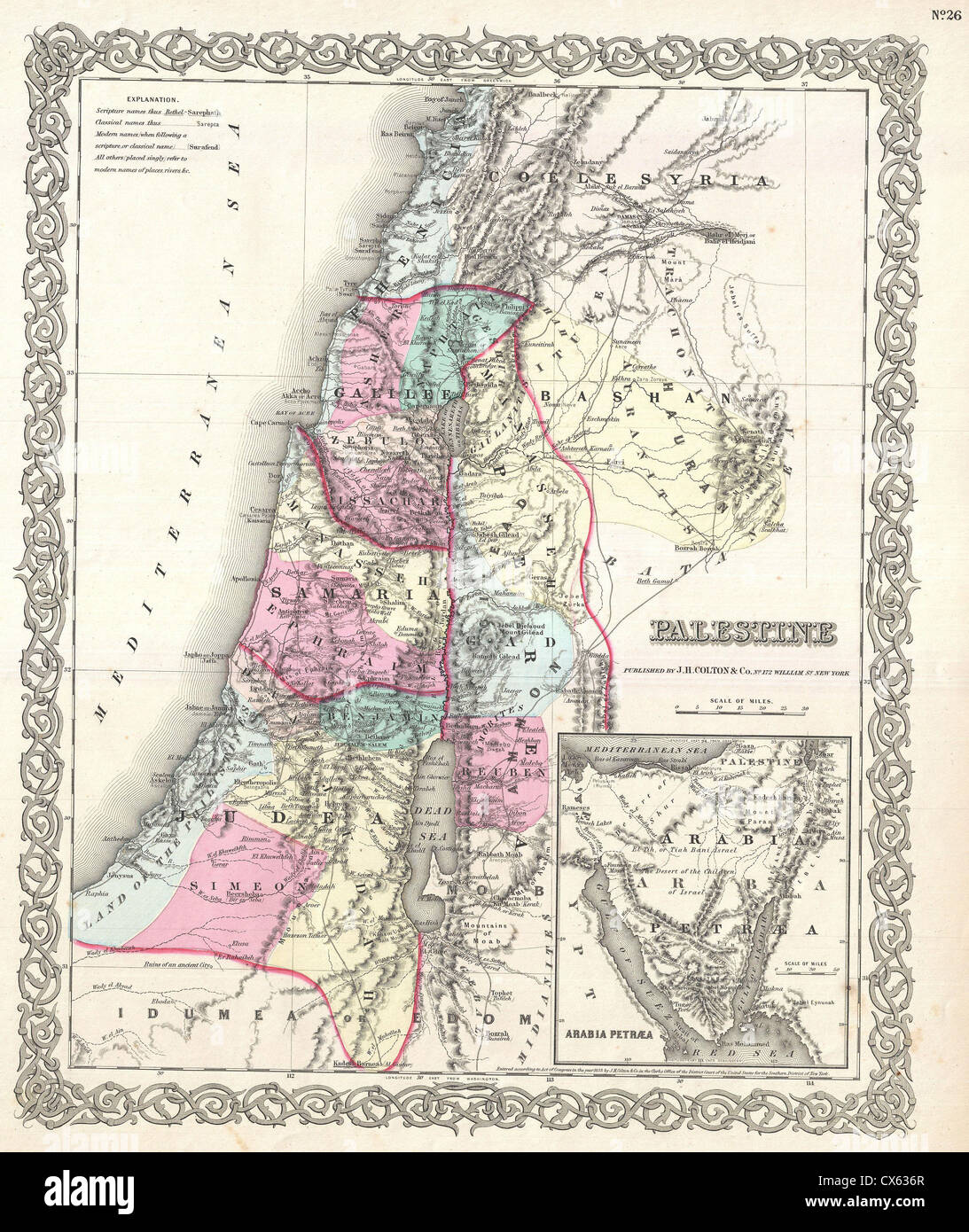 La carte Colton de 1855 d'Israël, de la Palestine et de la Terre Sainte offre une vue historique de la région au XIXe siècle. C'est un artefact important pour comprendre la géographie et le paysage politique de la région à l'époque. Banque D'Images