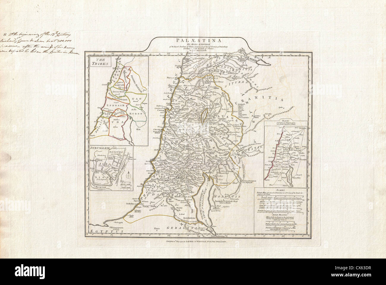 La carte d'Anville de 1794 d'Israël, de la Palestine et de la Terre Sainte fournit une représentation détaillée de la région dans les temps anciens. Cette carte antique offre un aperçu précieux des caractéristiques géographiques, des établissements et des frontières politiques tels qu'ils ont été compris à la fin du XVIIIe siècle. Il sert d'artefact historique important pour étudier la géographie antique et l'histoire biblique. Banque D'Images