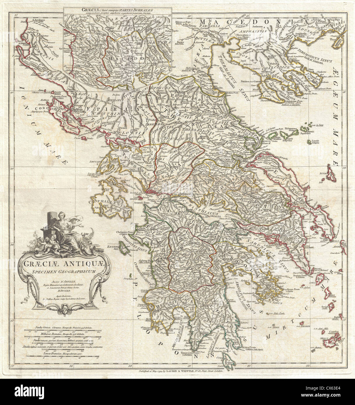 La carte d'Anville de la Grèce antique de 1794 est une représentation historique des territoires, des villes et des régions de la Grèce antique. Cette carte antique est précieuse pour étudier la géographie et les frontières politiques de la Grèce pendant la période antique. Il donne un aperçu de la topographie, des villes et des monuments qui ont façonné la civilisation grecque. Banque D'Images