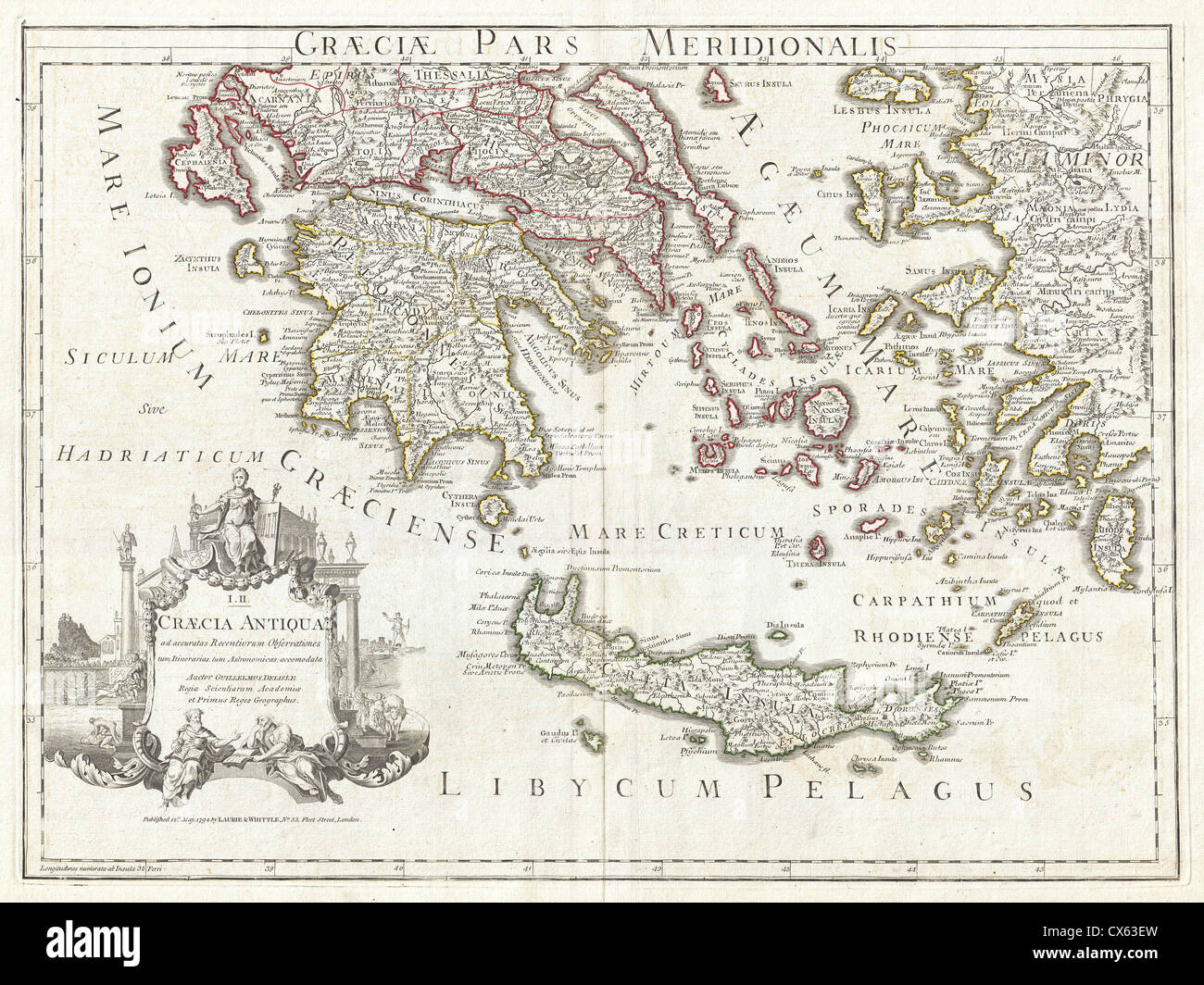 Cette carte Delisle de 1794 montre le sud de la Grèce antique, y compris les îles grecques et la Crète, donnant un aperçu de la géographie et des divisions territoriales pendant la période grecque antique. Banque D'Images