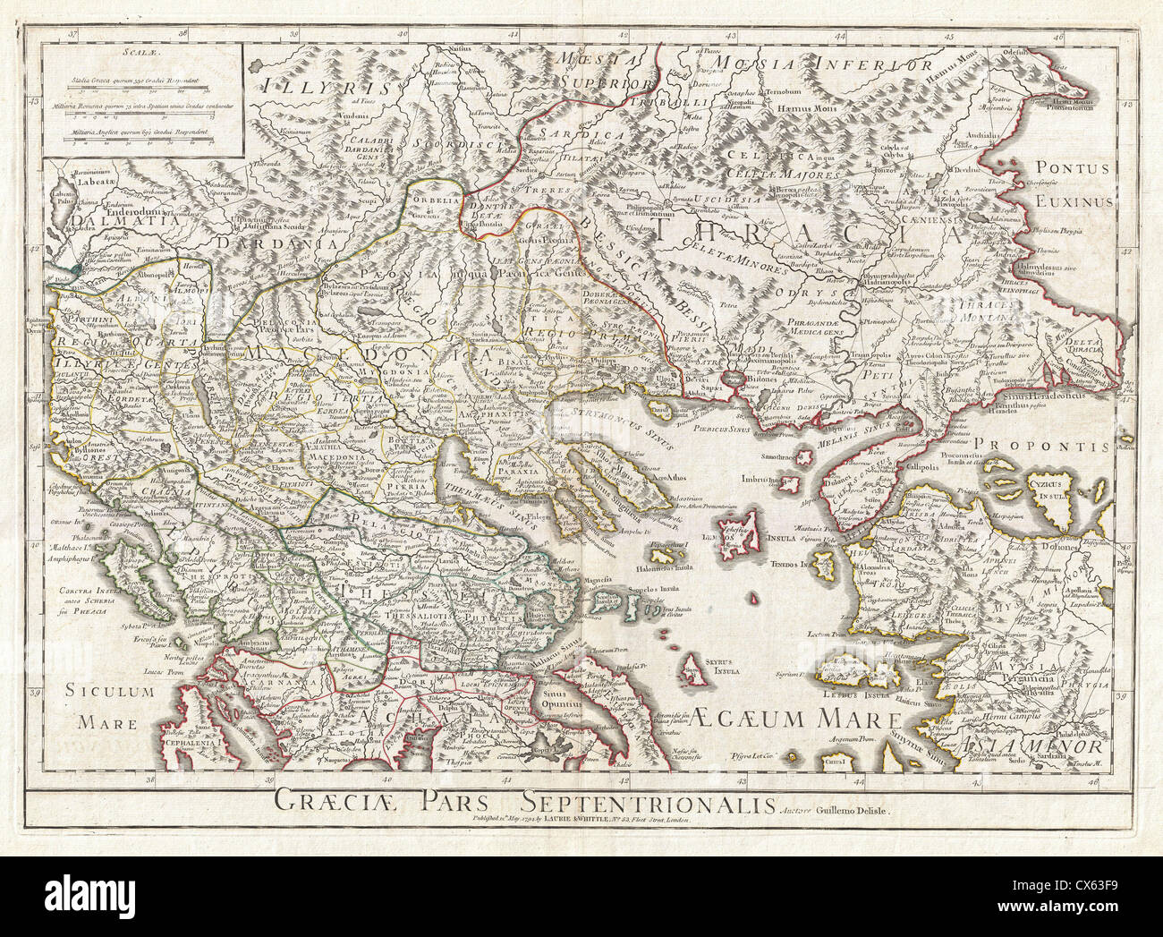 La carte Delisle de 1794 représente les régions antiques du nord de la Grèce, des Balkans et de la Macédoine. Il s'agit d'une carte historique significative, montrant le paysage géographique et politique de la région pendant les temps anciens. Banque D'Images