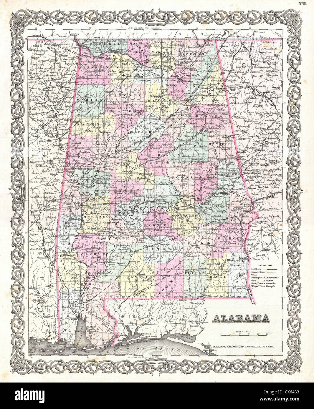 Carte de l'Alabama 1855 Colton Banque D'Images