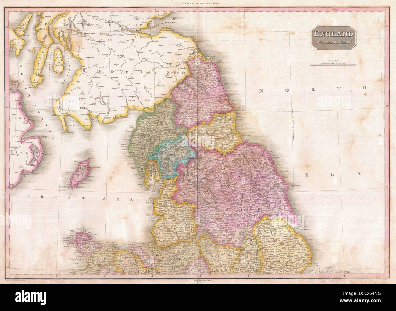 1818 Carte de Pinkerton dans le Nord de l'Angleterre - Banque D'Images
