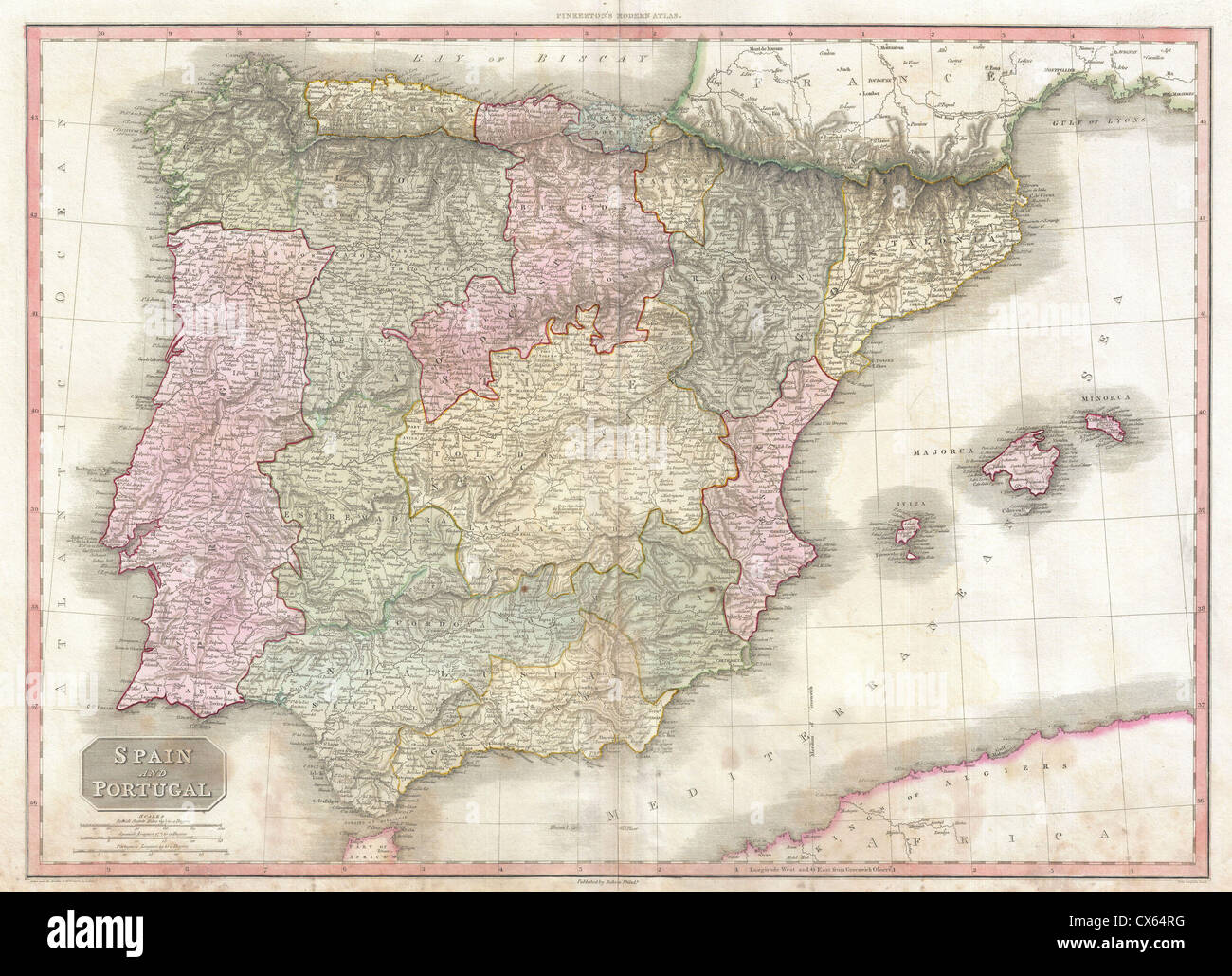 1818 Pinkerton Plan de l'Espagne et le Portugal - Banque D'Images