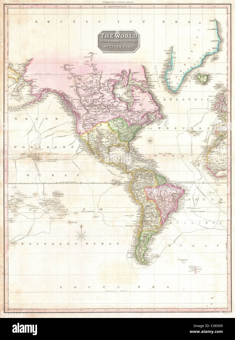 1818 Pinkerton Carte de l'Amérique du Nord et Amérique du Sud Banque D'Images