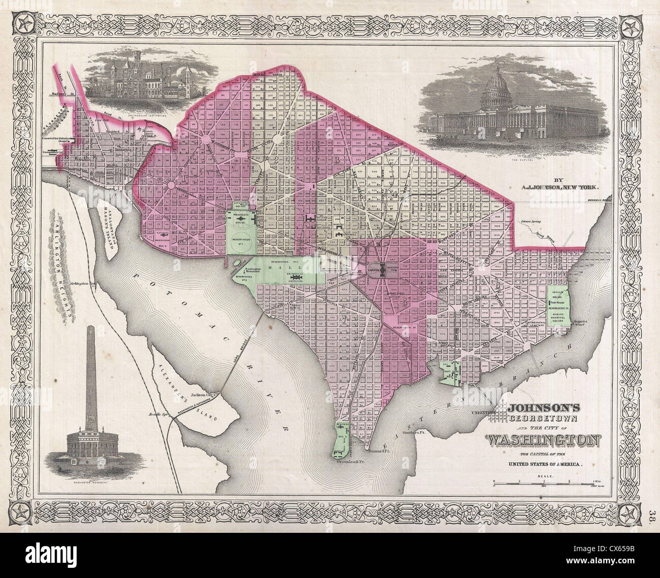 1864 Johnson Plan de Washington D.C. et Georgetown Banque D'Images