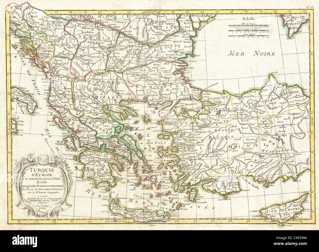 La carte de janvier 1771 représente les régions géographiques de la Grèce, de la Turquie, de la Macédoine et des Balkans. Il s'agit d'une carte antique qui donne un aperçu des limites et de la topographie de ces régions au XVIIIe siècle. Banque D'Images