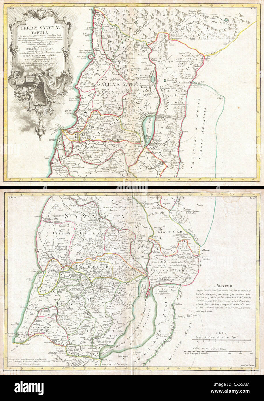 Cette carte de 1763 de de L'Isle montre la disposition géographique de la Terre Sainte, couvrant l'Israël et la Palestine actuels. La carte est un artefact historique précieux qui donne un aperçu des pratiques cartographiques du XVIIIe siècle et de la topographie de la région. Banque D'Images