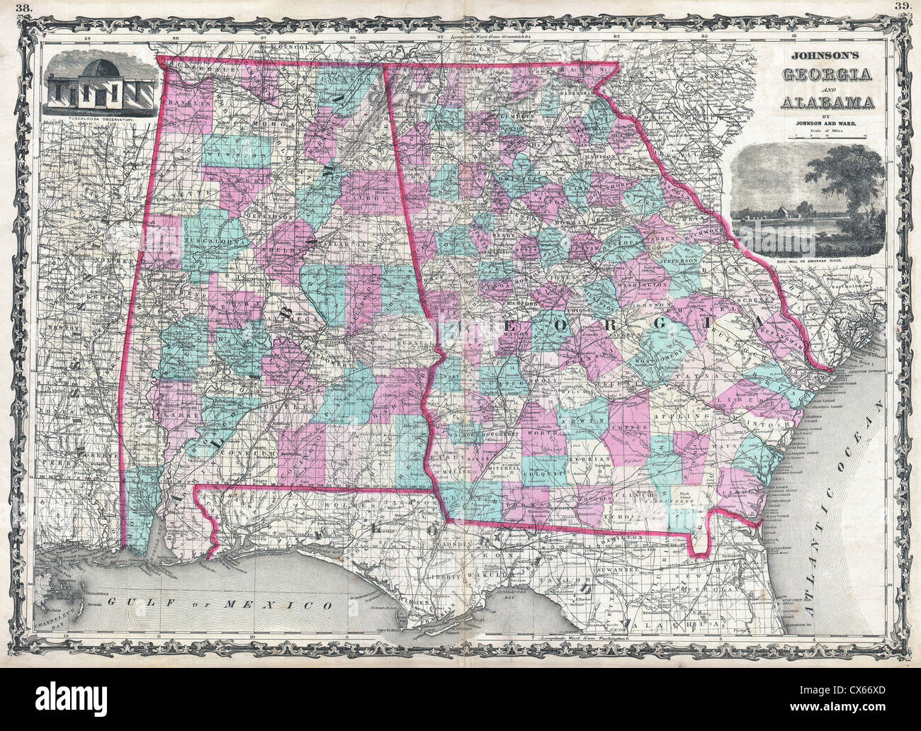 1862 Johnson Carte de la Géorgie et de l'Alabama Banque D'Images