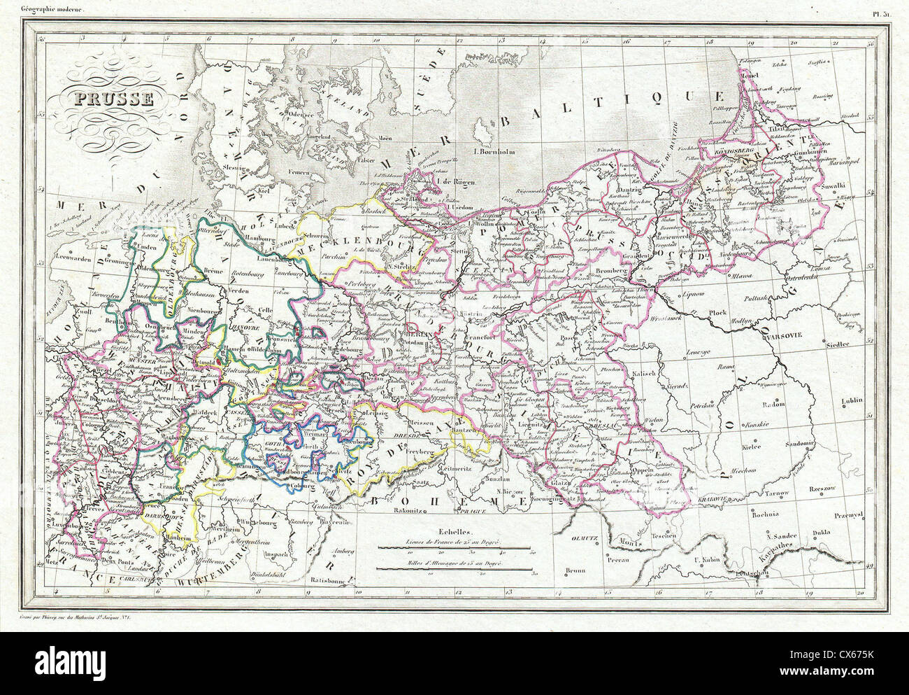 La carte Malte-Brun de la Prusse de 1843 fournit une vue historique détaillée de la région au début du XIXe siècle, mettant en évidence les frontières politiques et géographiques de la Prusse. Banque D'Images