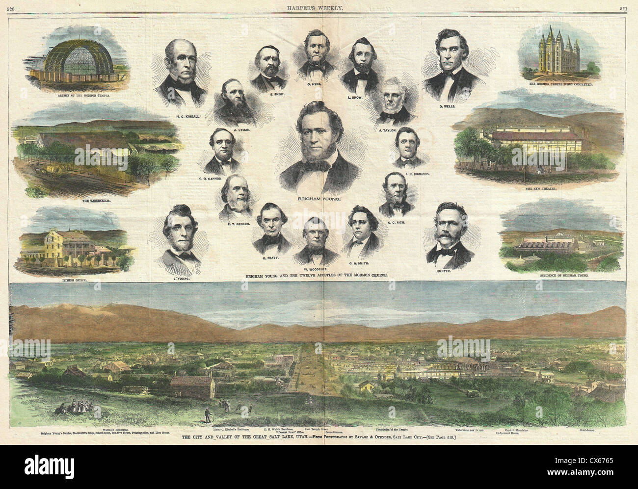 1866 Harper's Weekly View de Salt Lake City, Utah w- Brigham Young (Mormons) Banque D'Images
