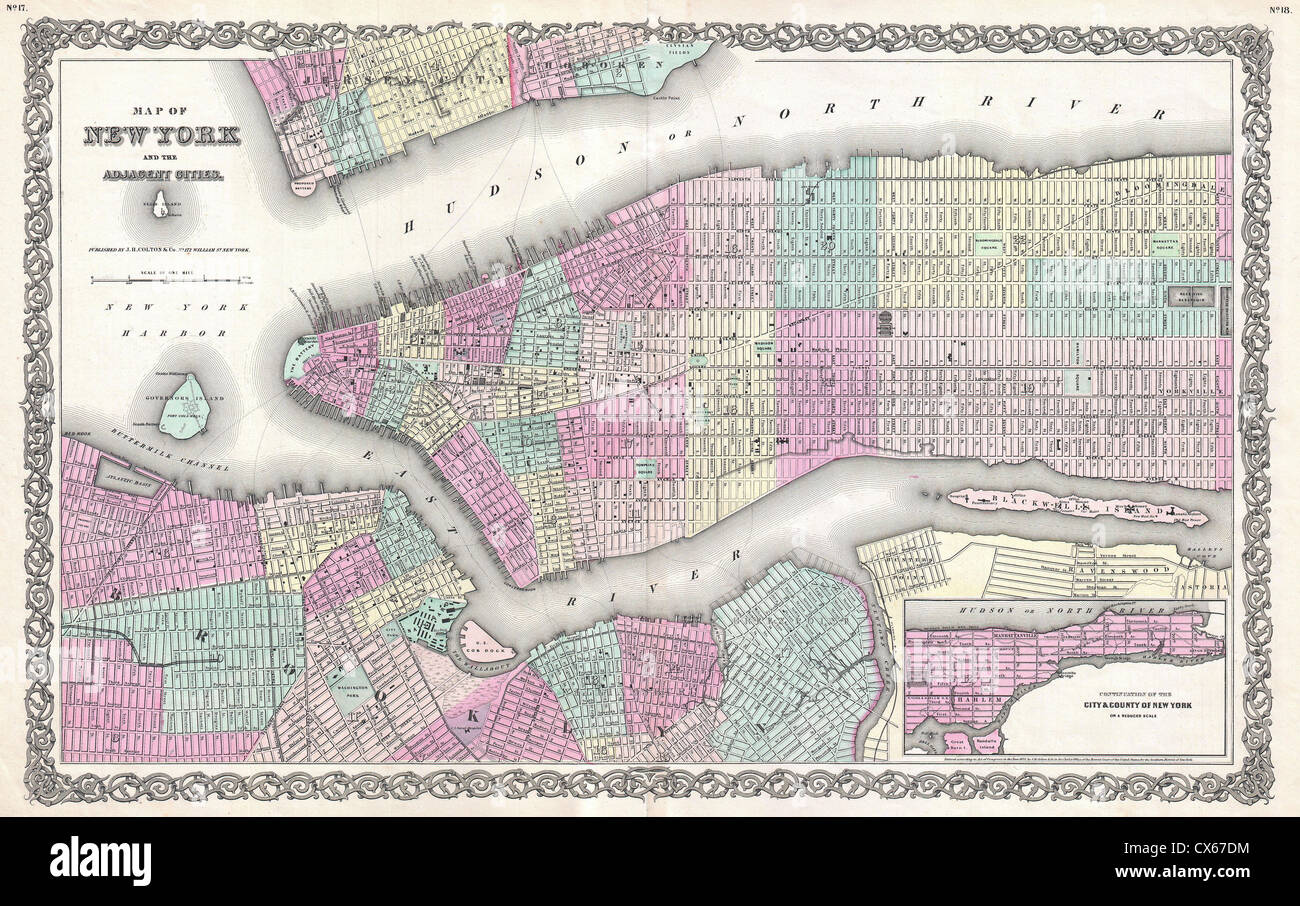 1855 Colton Plan de New York, Manhattan, Brooklyn, Hoboken (première édition) Banque D'Images