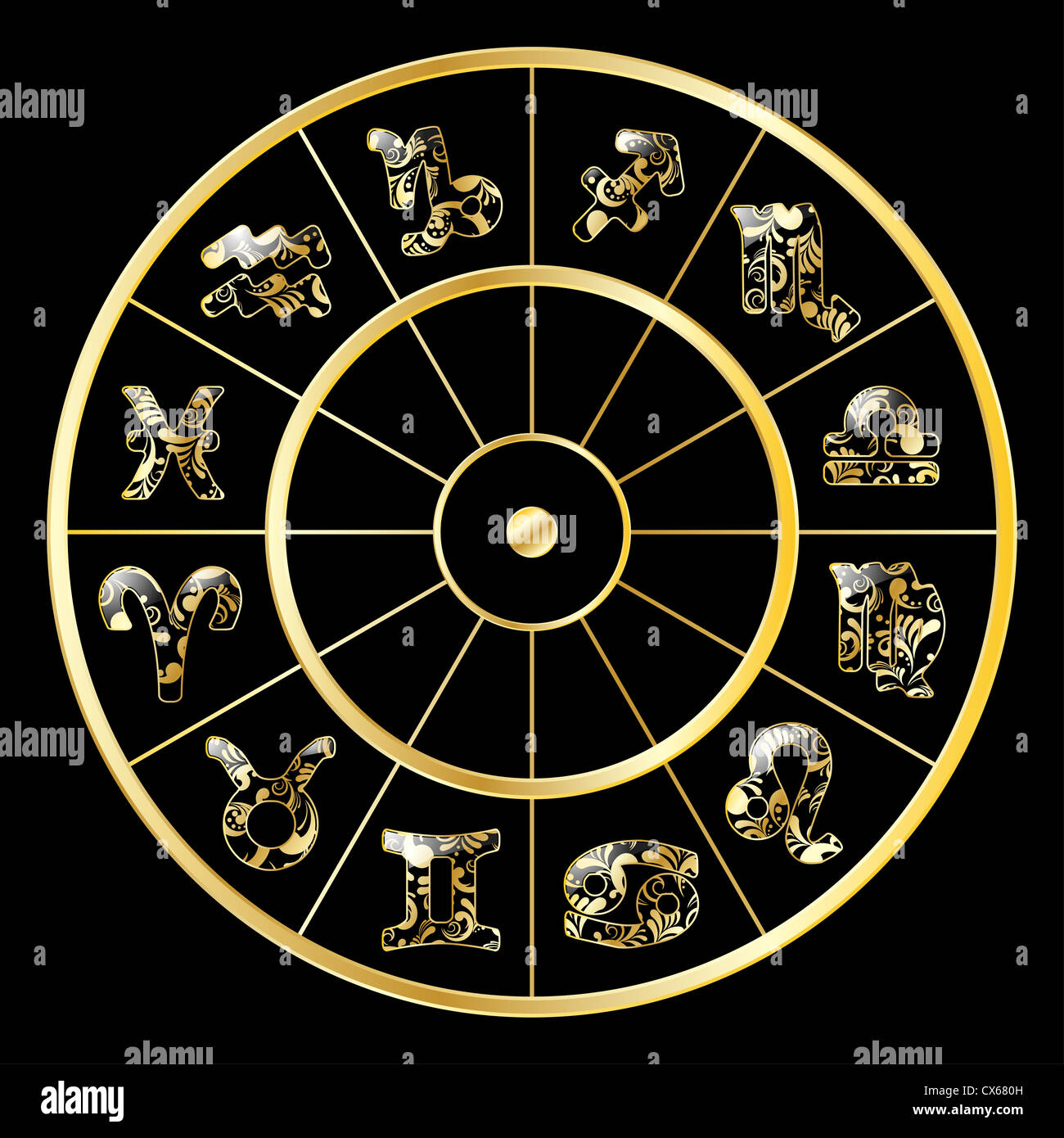 Cercle d'or avec les signes du zodiaque sur fond noir Banque D'Images