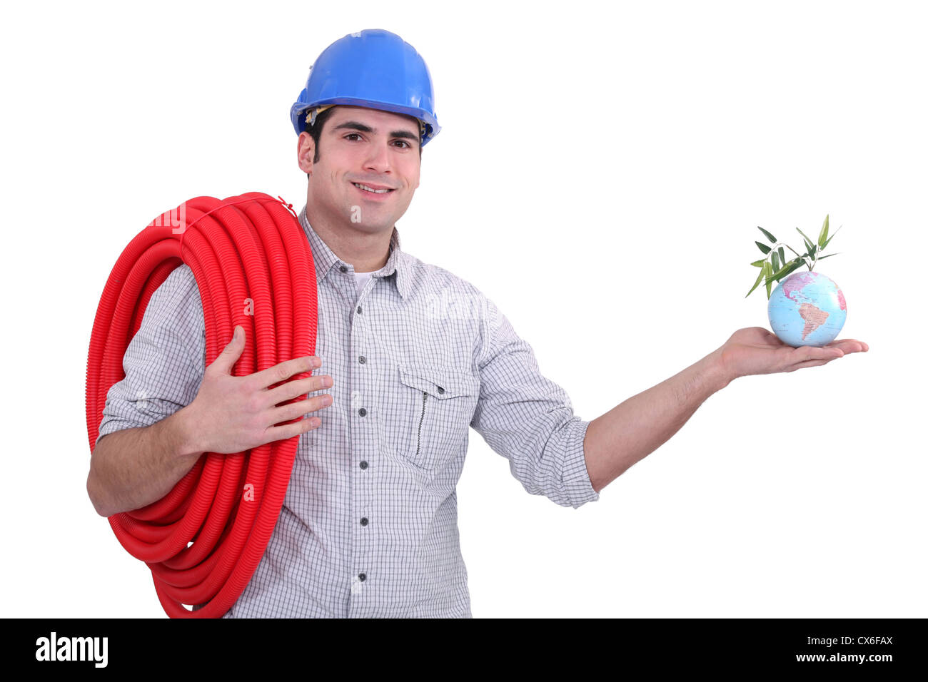 Plombier holding globe miniature Banque D'Images