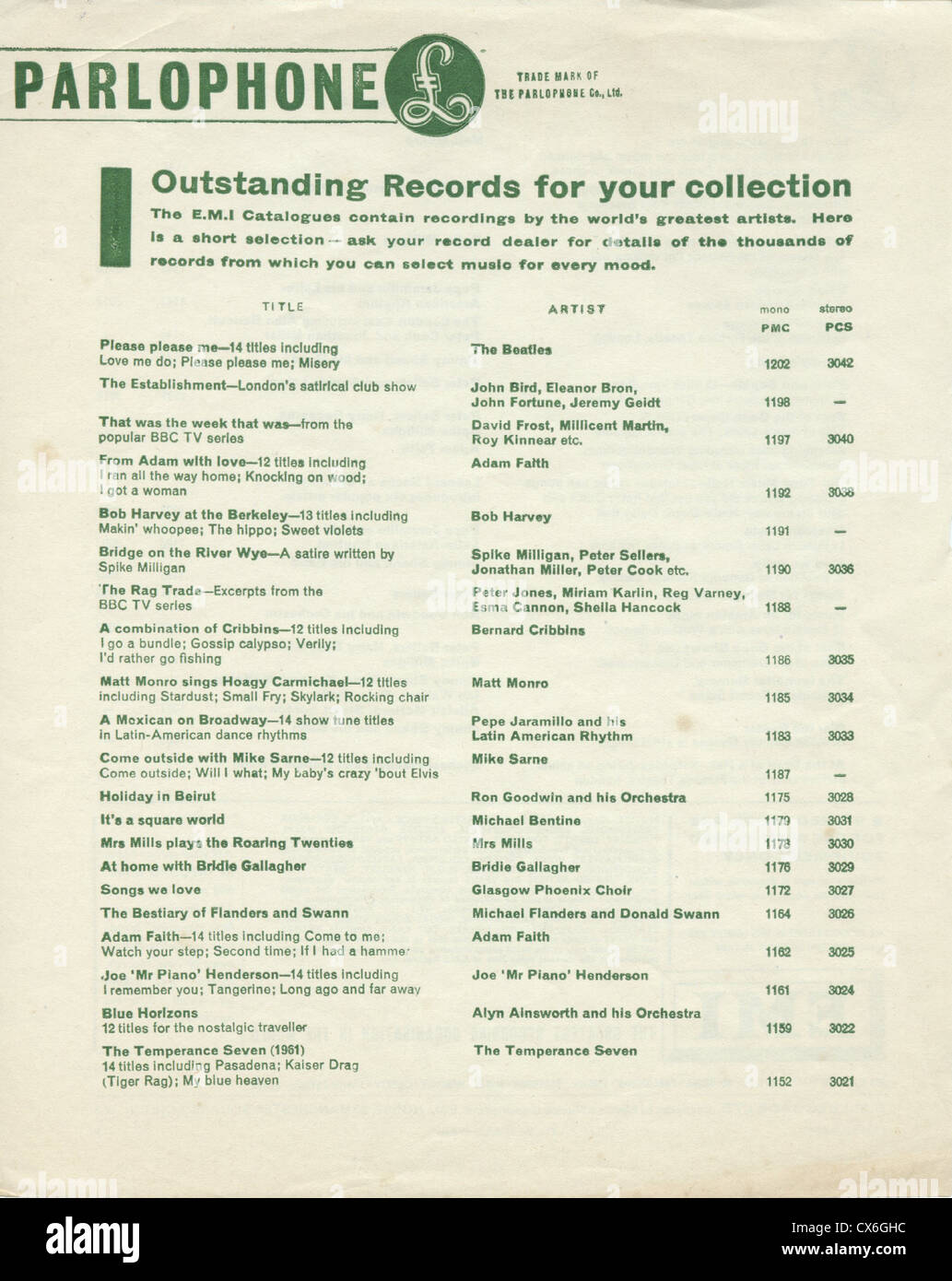 000629 - Parlophone Records 1963 Dépliant promotionnel Banque D'Images