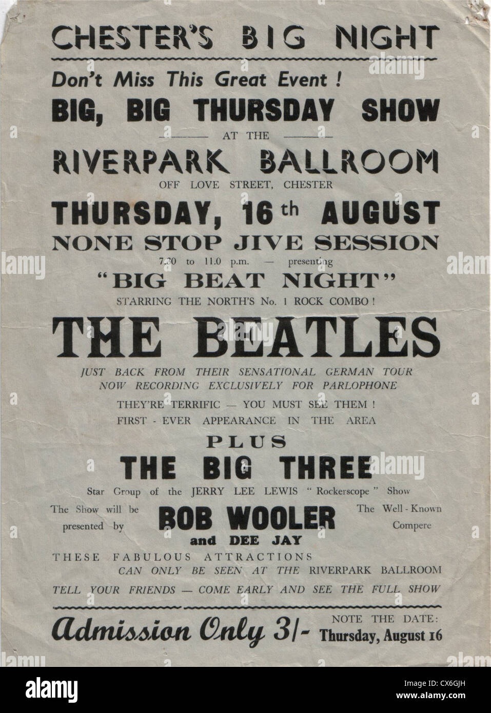 000525 - Les Beatles 'Chester's Big Night' d'une circulaire de l'Riverpark Bal, Chester le 16 août 1962 Banque D'Images