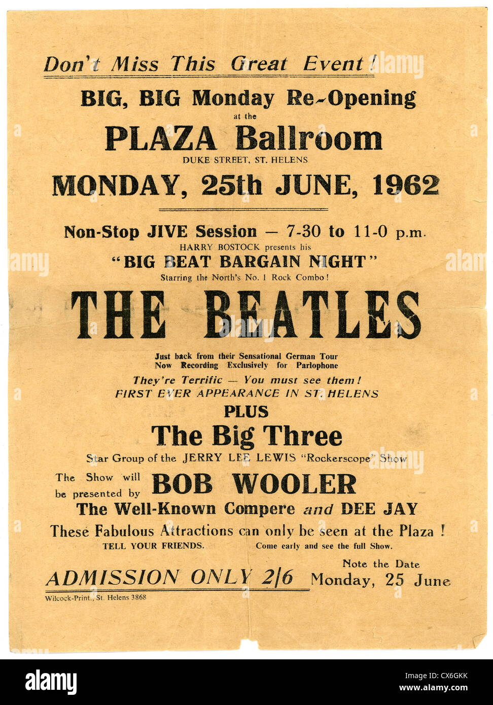 000533 - The Beatles Concert circulaire de la Plaza Bal, St Helens le 25 juin 1962 Banque D'Images
