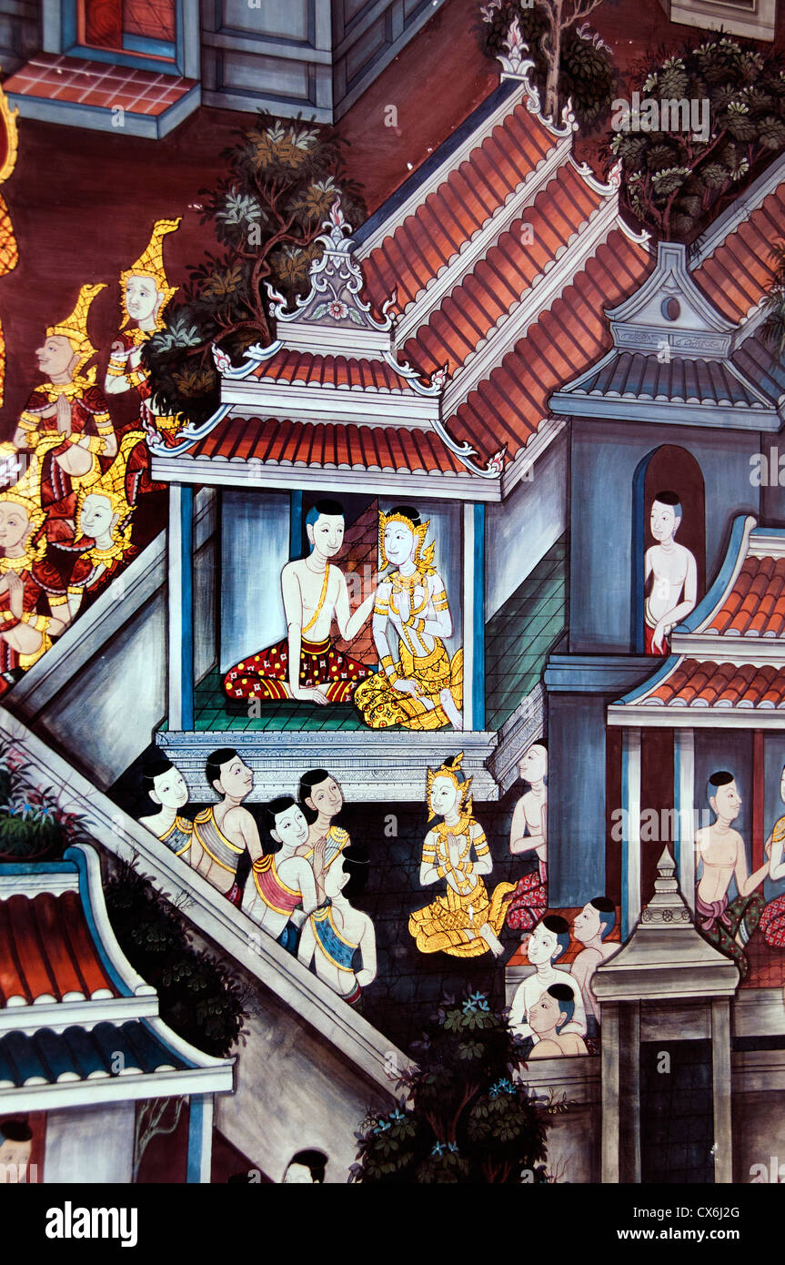 Wat Pho Bangkok Thaïlande Bouddha Bouddhisme peinture Banque D'Images