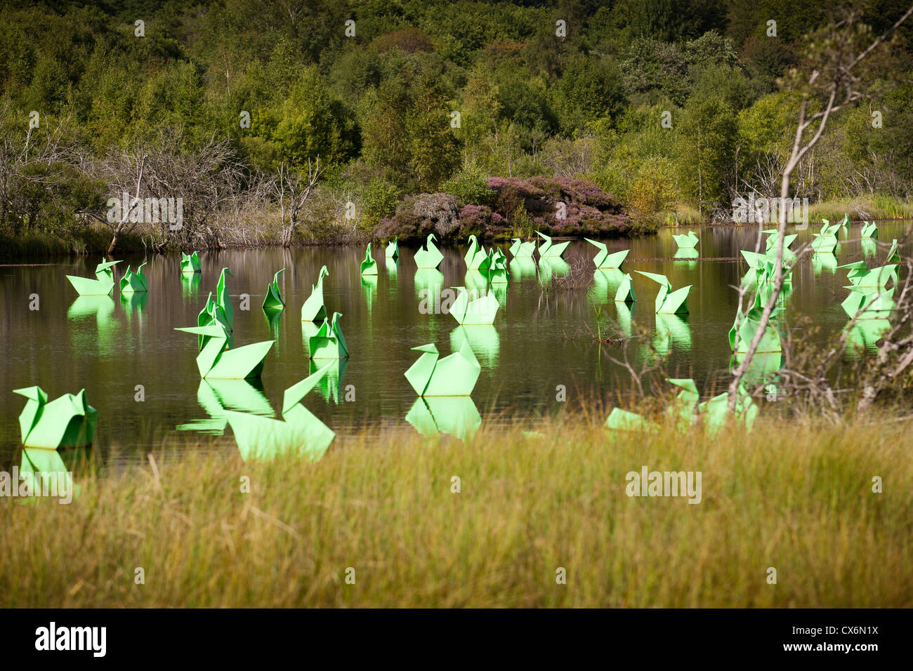 Le Land Art appelée "Origamis", réalisé par Antoine MILIAN, l'artiste plasticien français. Origami et les canards. Banque D'Images