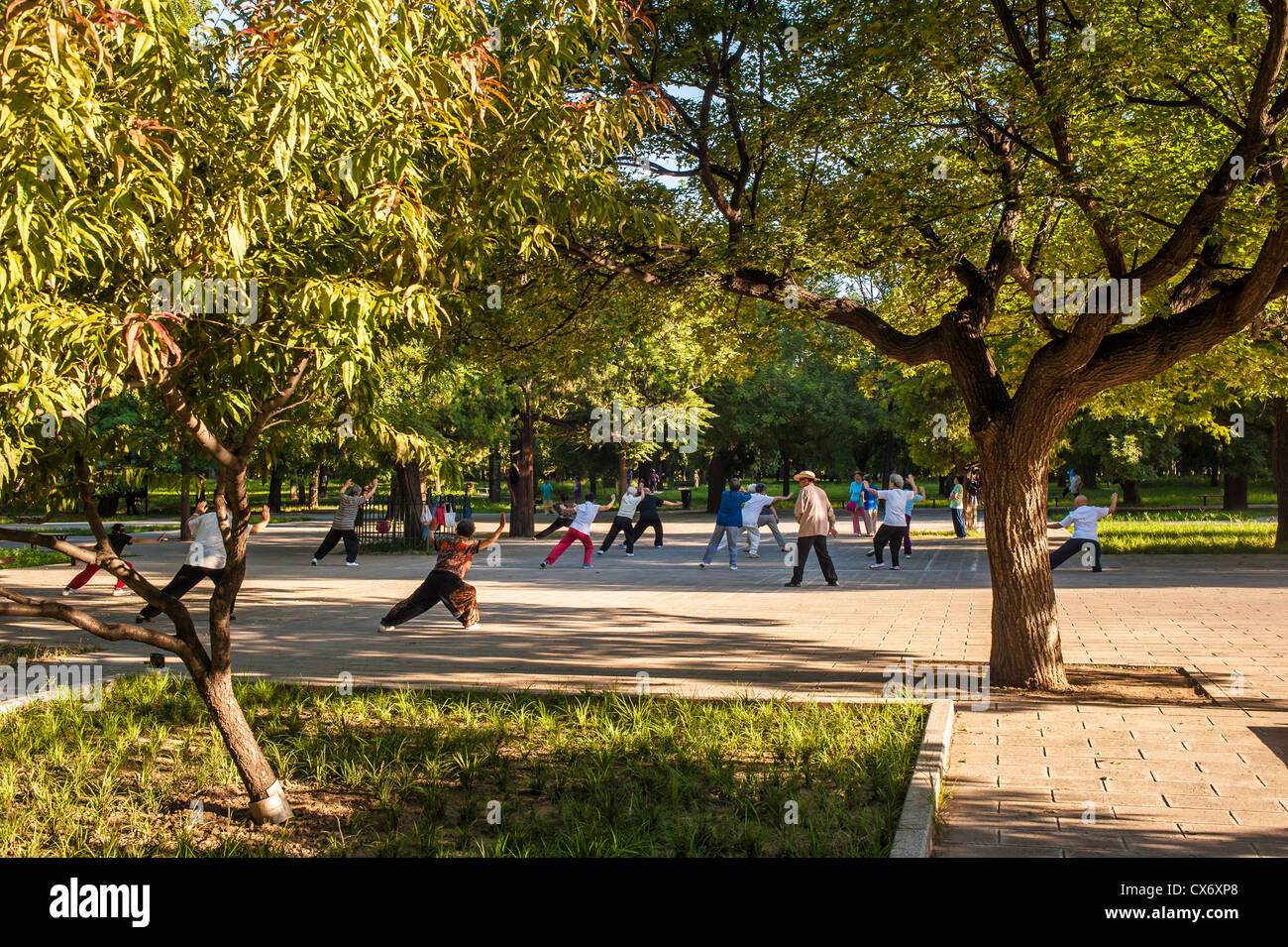 Les gens font des exercices du matin dans un parc, Beijing Banque D'Images