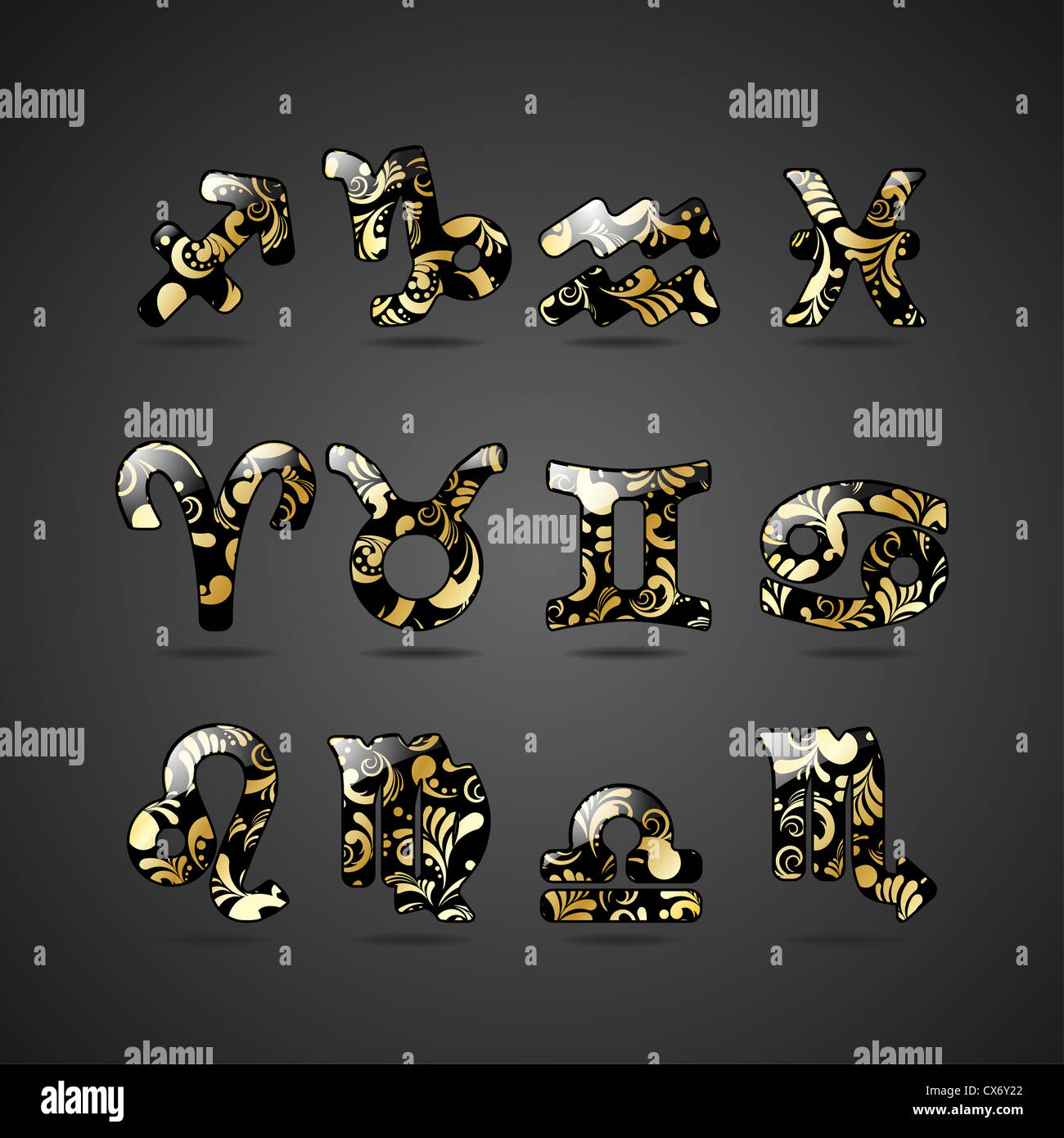 Ensemble de signes du zodiaque d'or orné de motifs floraux isolé sur fond gris Banque D'Images