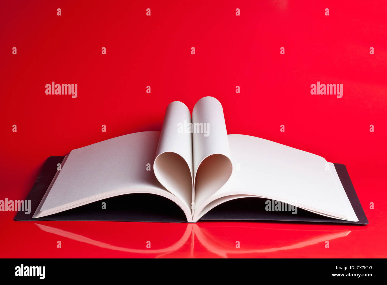 Un livre ouvert avec les pages pliées à l'air d'un coeur Banque D'Images