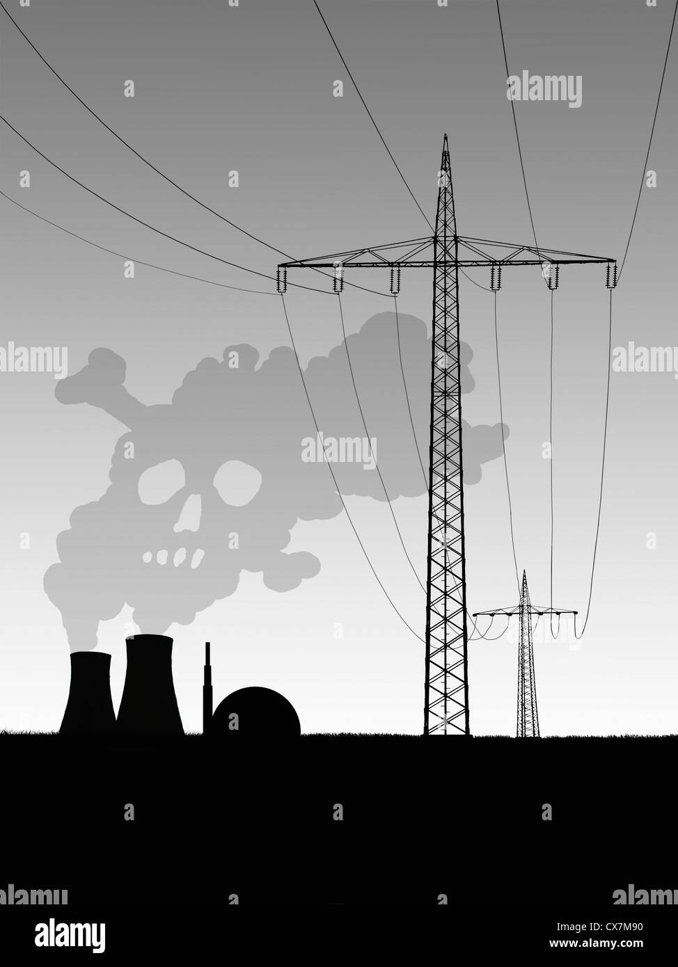 Pylônes électriques à côté de la station d'énergie nucléaire de fumée libérant ressemblant à un crâne Banque D'Images