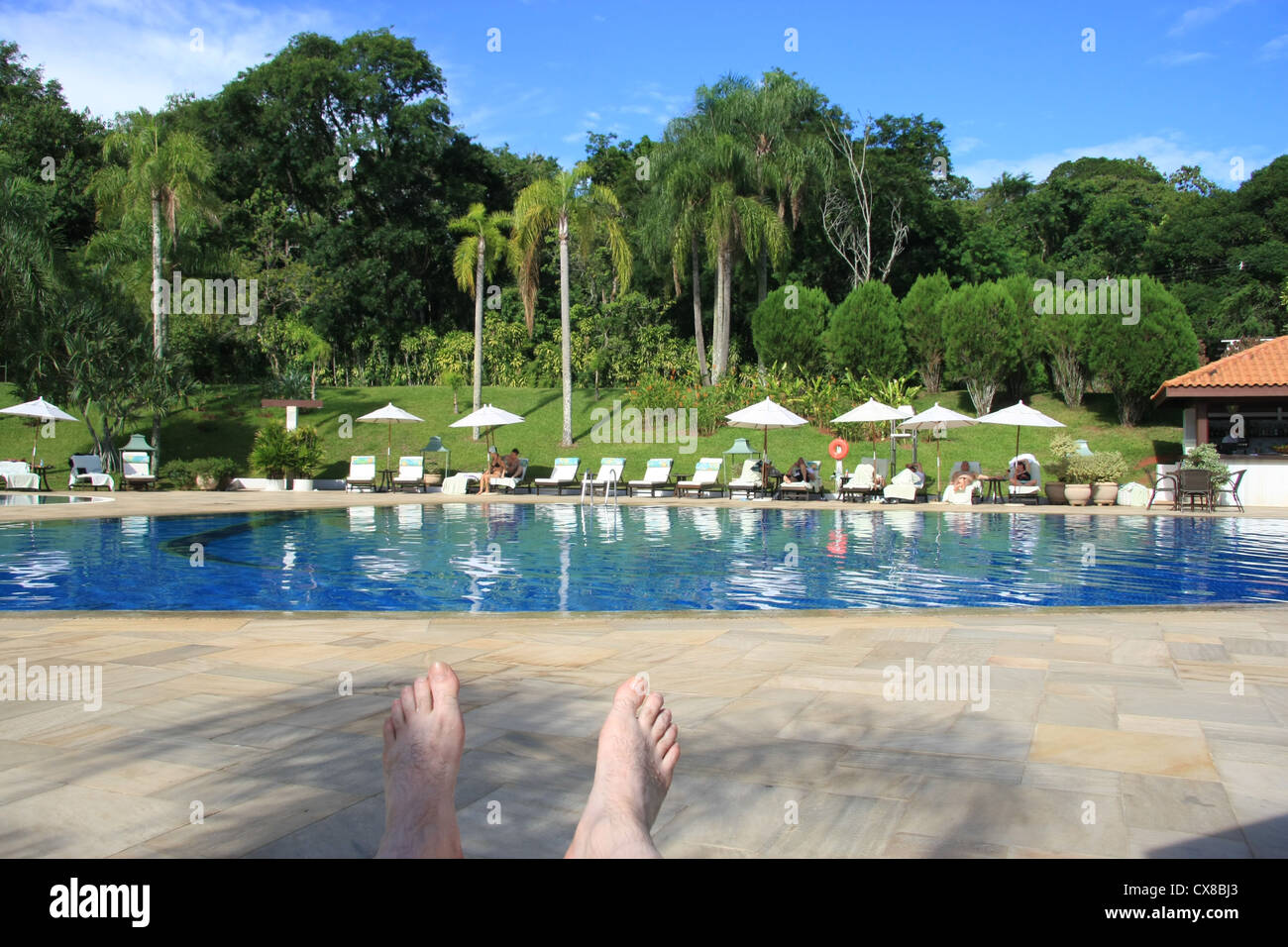 Avoir du recul à la piscine à débordement à l'hôtel Das Cataratas, chutes d'Iguaçu, Brésil Banque D'Images