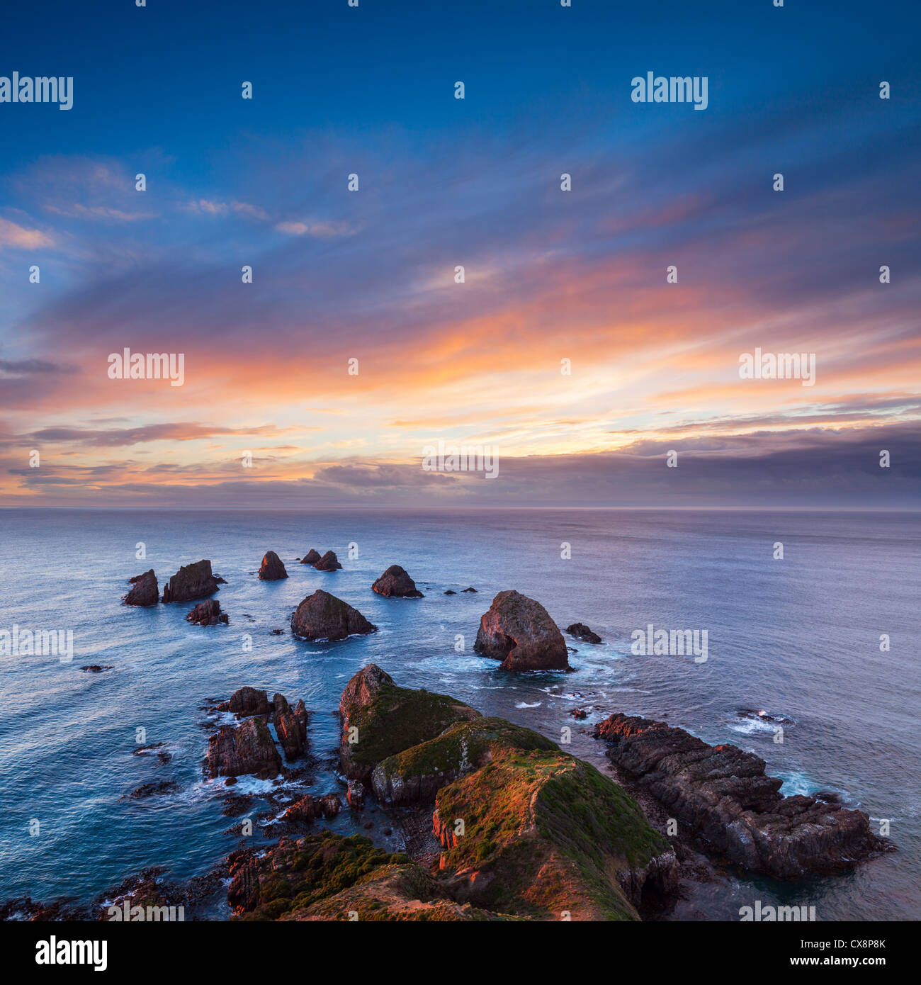 Les rochers et les piles de la mer à Nugget Point Otago en Nouvelle-Zélande, le lever du soleil. Banque D'Images