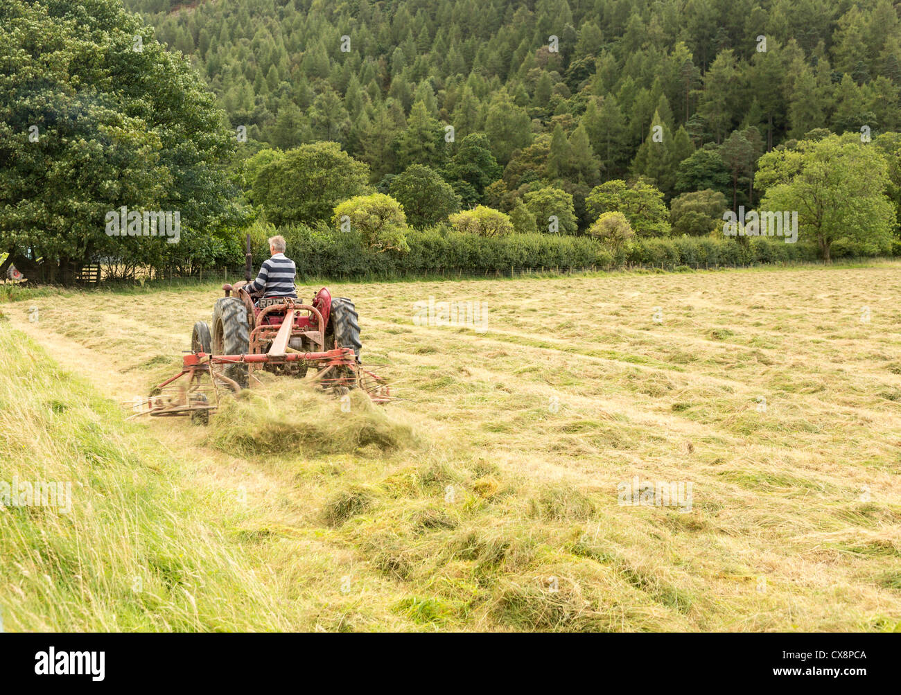 Un tracteur et batteuse tourne par hay Buttermere Lake District en anglais Banque D'Images